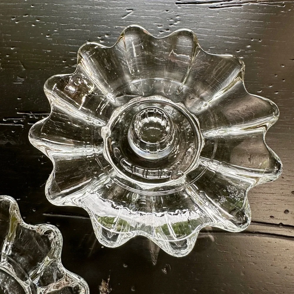 VINTAGE, PRESSED GLASS, CLEAR, FLOWER SHAPED, CANDLE HOLDERS.